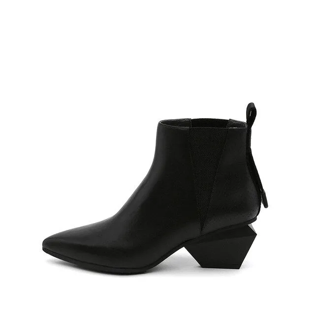 Chunky Pointed Toe Booties Short Winter Brand Women Boots Genuine Leather Fur Shoes Blue High Heel Chelsea Strange Slip On Ankle