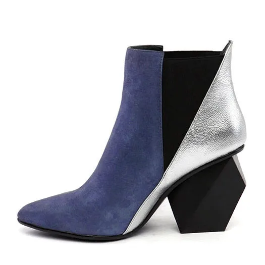 Chunky Pointed Toe Booties Short Winter Brand Women Boots Genuine Leather Fur Shoes Blue High Heel Chelsea Strange Slip On Ankle