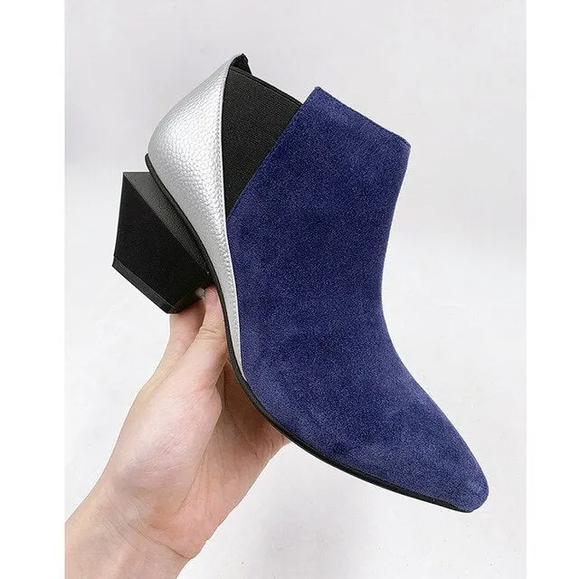 Chunky Pointed Toe Booties Short Winter Brand Women Boots Genuine Leather Fur Shoes Blue High Heel Chelsea Strange Slip On Ankle