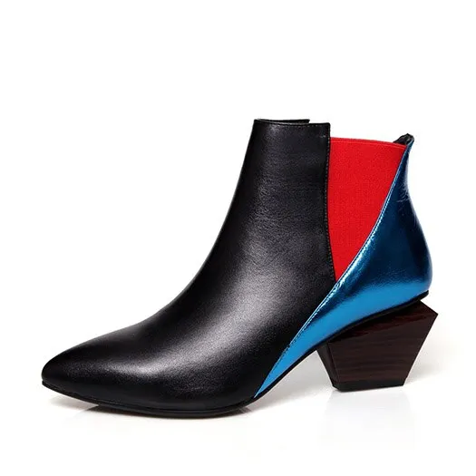 Chunky Pointed Toe Booties Short Winter Brand Women Boots Genuine Leather Fur Shoes Blue High Heel Chelsea Strange Slip On Ankle