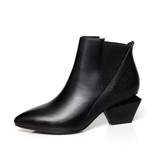 Chunky Pointed Toe Booties Short Winter Brand Women Boots Genuine Leather Fur Shoes Blue High Heel Chelsea Strange Slip On Ankle