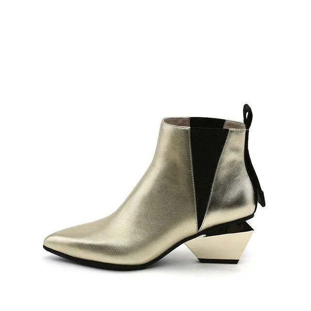 Chunky Pointed Toe Booties Short Winter Brand Women Boots Genuine Leather Fur Shoes Blue High Heel Chelsea Strange Slip On Ankle