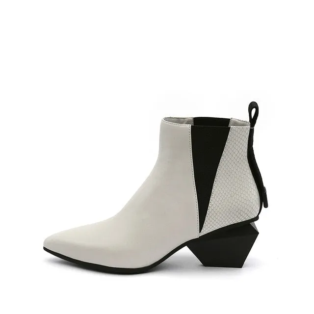 Chunky Pointed Toe Booties Short Winter Brand Women Boots Genuine Leather Fur Shoes Blue High Heel Chelsea Strange Slip On Ankle