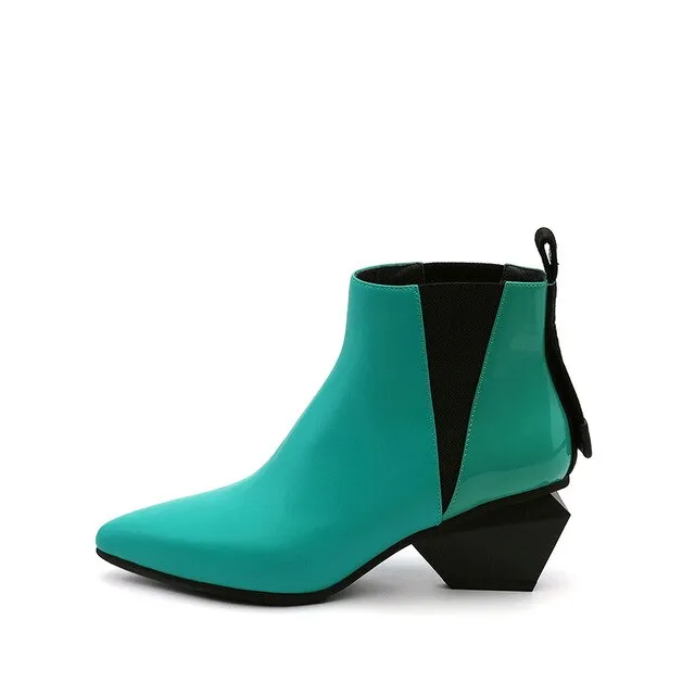 Chunky Pointed Toe Booties Short Winter Brand Women Boots Genuine Leather Fur Shoes Blue High Heel Chelsea Strange Slip On Ankle