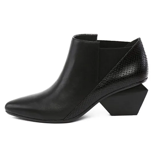 Chunky Pointed Toe Booties Short Winter Brand Women Boots Genuine Leather Fur Shoes Blue High Heel Chelsea Strange Slip On Ankle