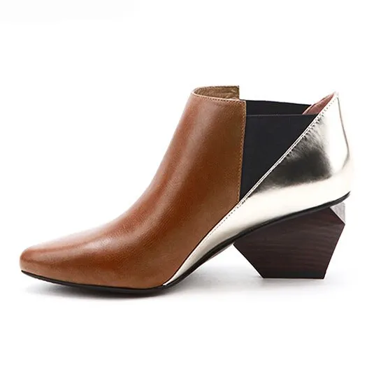 Chunky Pointed Toe Booties Short Winter Brand Women Boots Genuine Leather Fur Shoes Blue High Heel Chelsea Strange Slip On Ankle