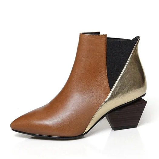 Chunky Pointed Toe Booties Short Winter Brand Women Boots Genuine Leather Fur Shoes Blue High Heel Chelsea Strange Slip On Ankle