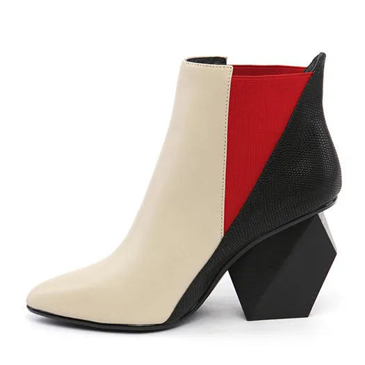 Chunky Pointed Toe Booties Short Winter Brand Women Boots Genuine Leather Fur Shoes Blue High Heel Chelsea Strange Slip On Ankle