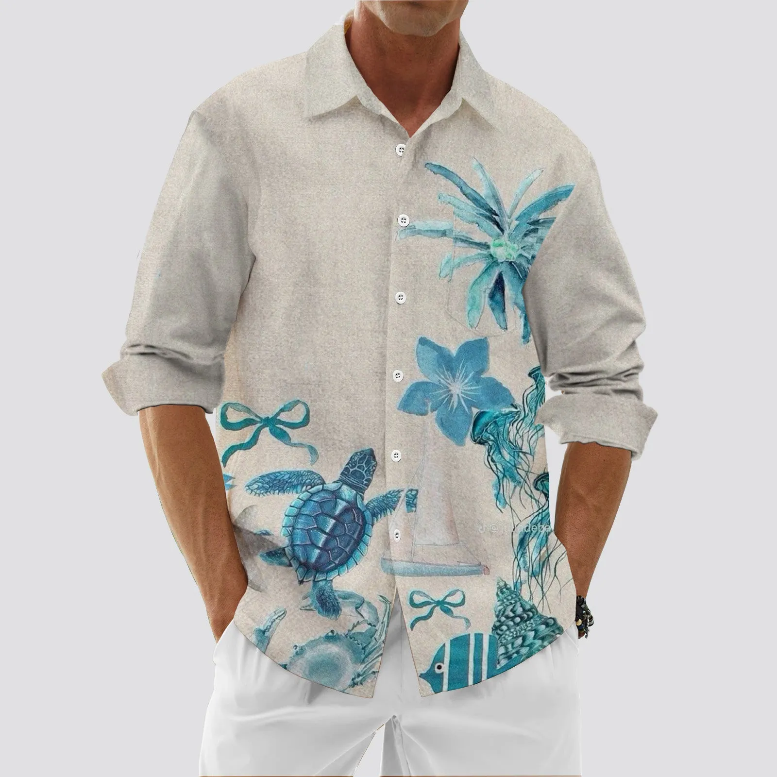 Coconut Turtle Chest Pocket Long Sleeve Casual Shirt