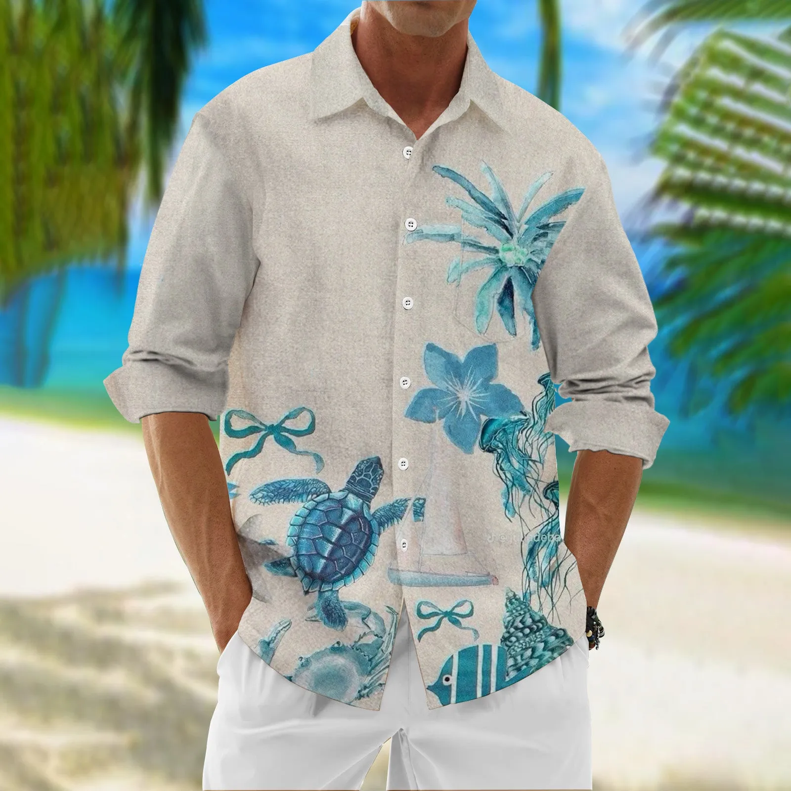 Coconut Turtle Chest Pocket Long Sleeve Casual Shirt