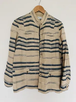 COLDWATER CREEK Linen/Cotton Jacket Sz 16 Tan/Blue Pockets Short Southwest Aztec