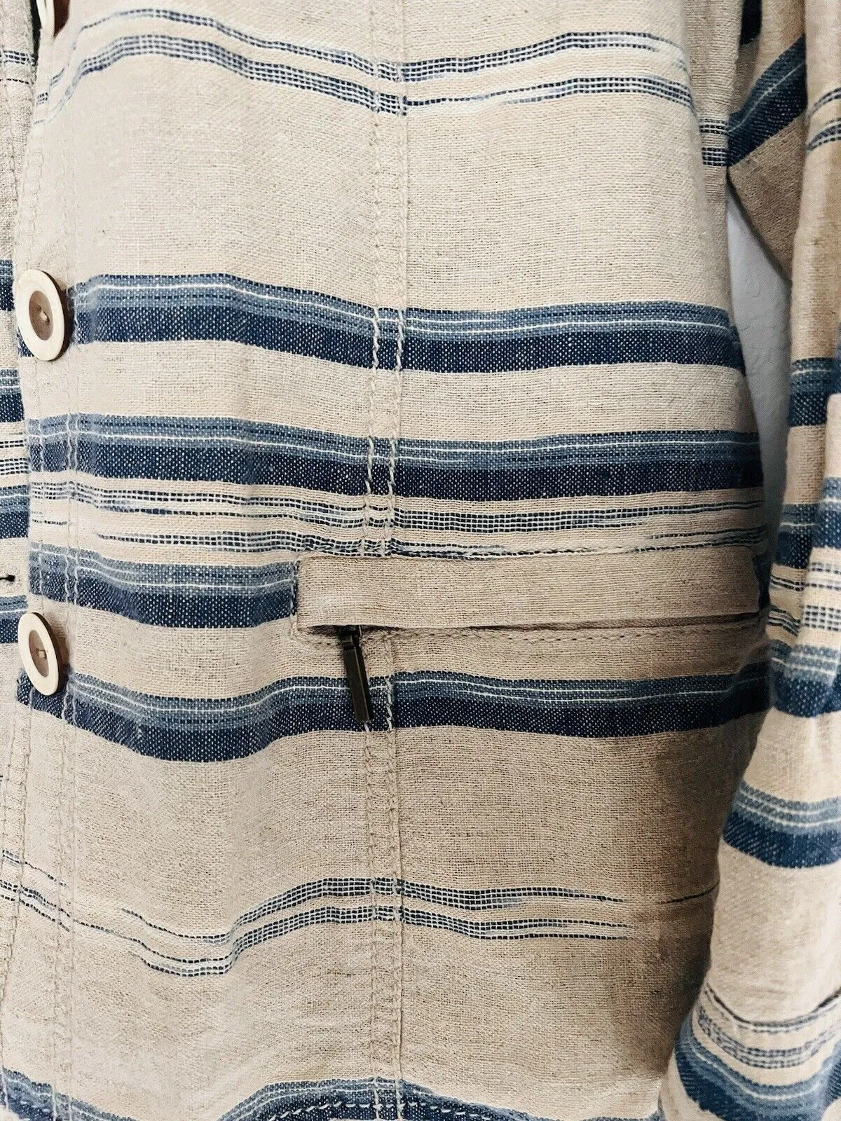 COLDWATER CREEK Linen/Cotton Jacket Sz 16 Tan/Blue Pockets Short Southwest Aztec