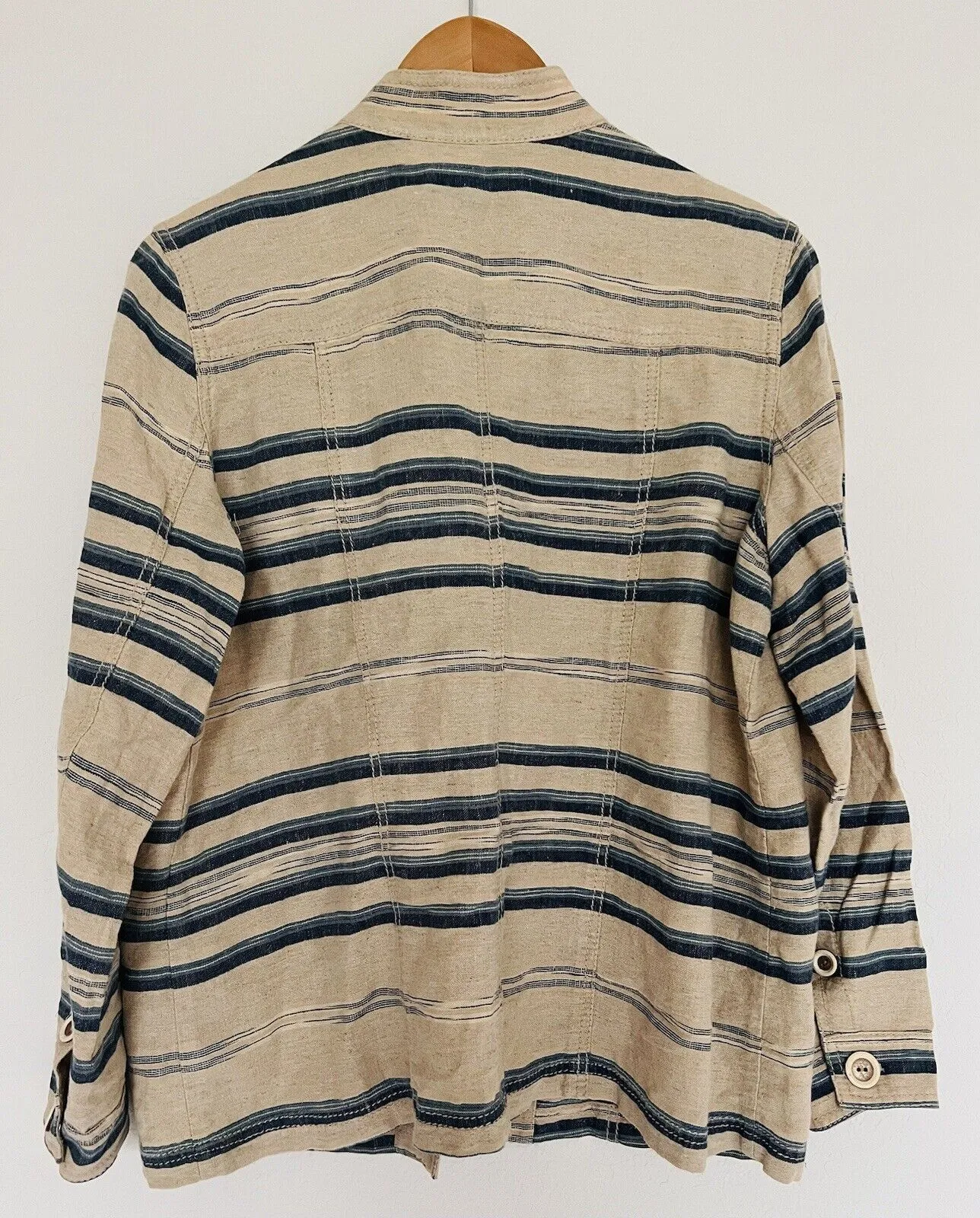 COLDWATER CREEK Linen/Cotton Jacket Sz 16 Tan/Blue Pockets Short Southwest Aztec