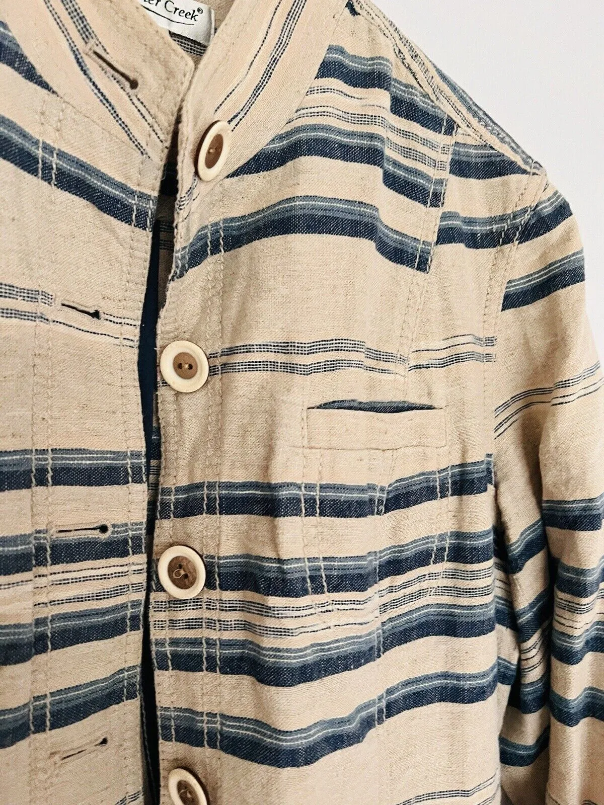 COLDWATER CREEK Linen/Cotton Jacket Sz 16 Tan/Blue Pockets Short Southwest Aztec