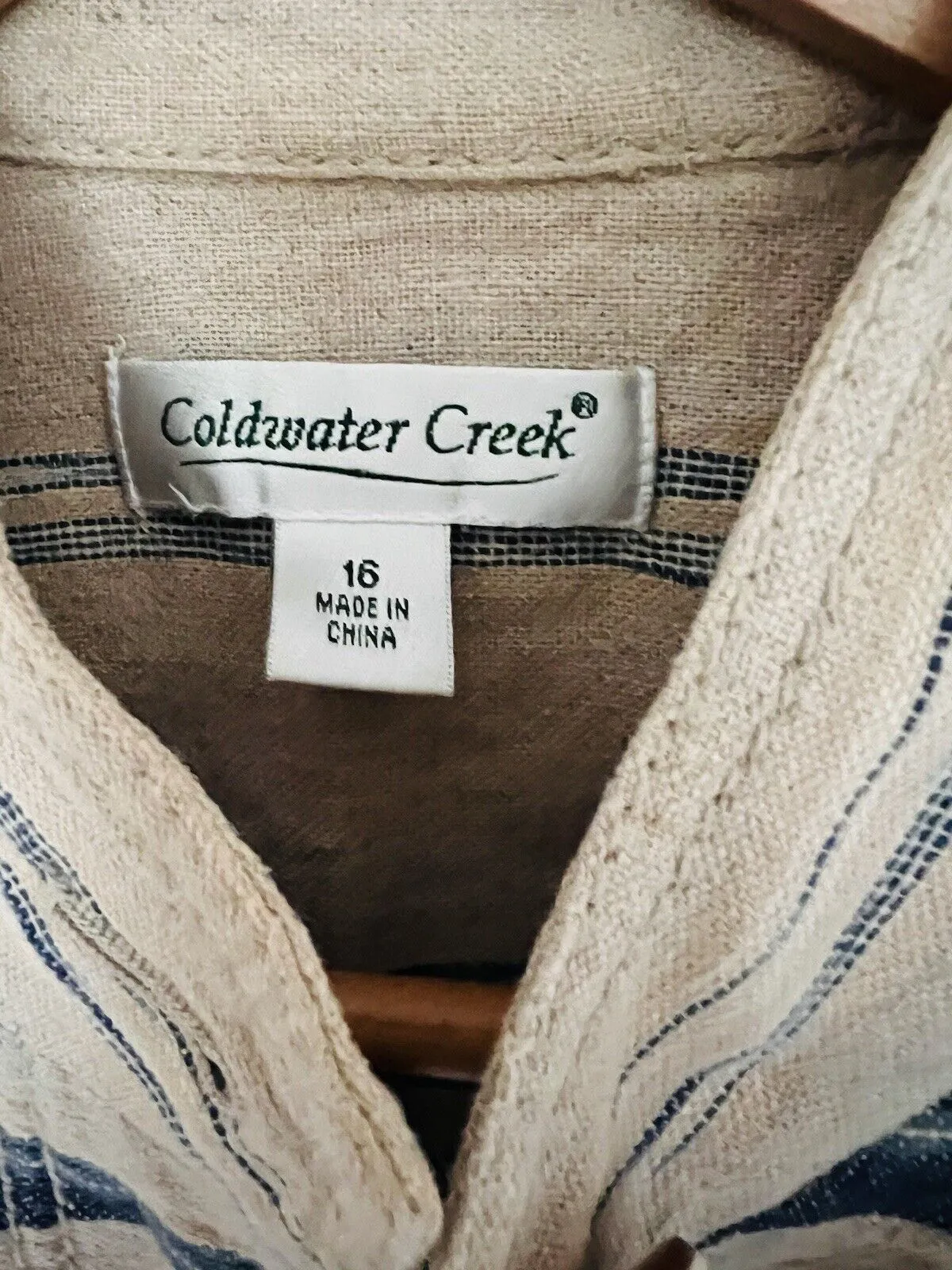 COLDWATER CREEK Linen/Cotton Jacket Sz 16 Tan/Blue Pockets Short Southwest Aztec