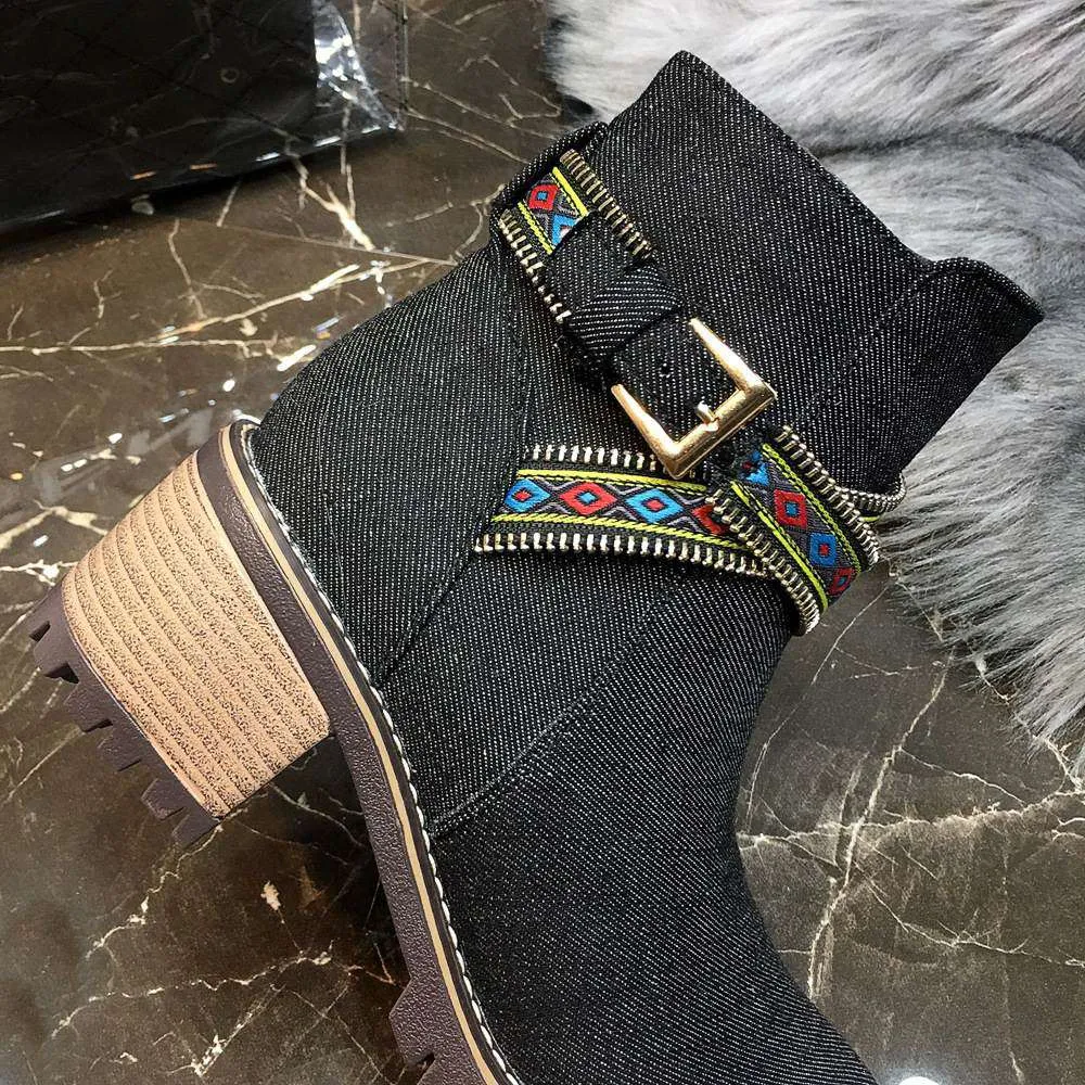 Cowboy Boots Short Boots Fashion National Wind Belt Buckle Martin Boots Knight Boots Large Size Women's Boots