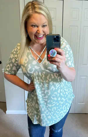 Criss-Cross Cheetah Babydoll Top in Seafoam