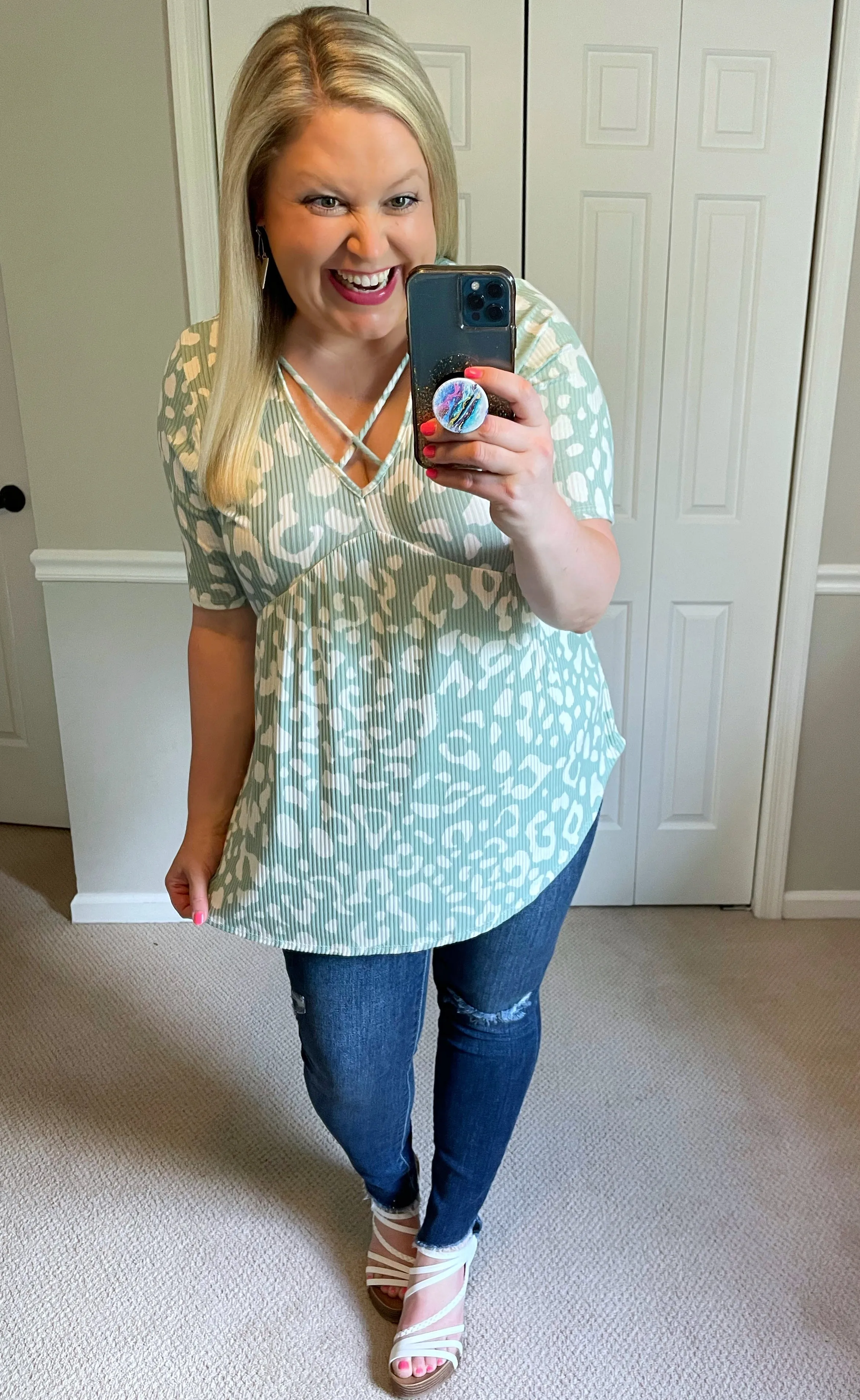 Criss-Cross Cheetah Babydoll Top in Seafoam