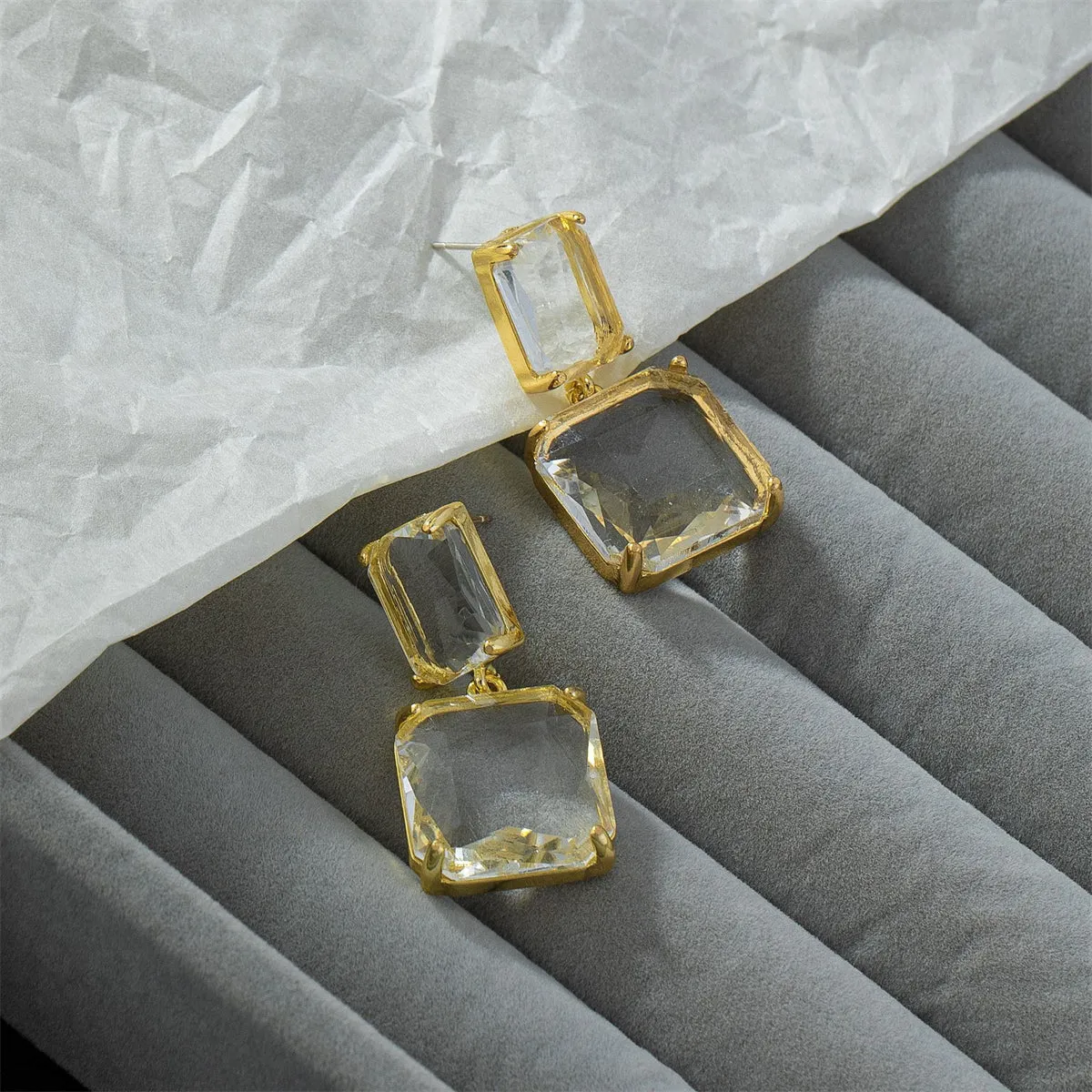 Crystal & 18K Gold-Plated Square Drop Earrings