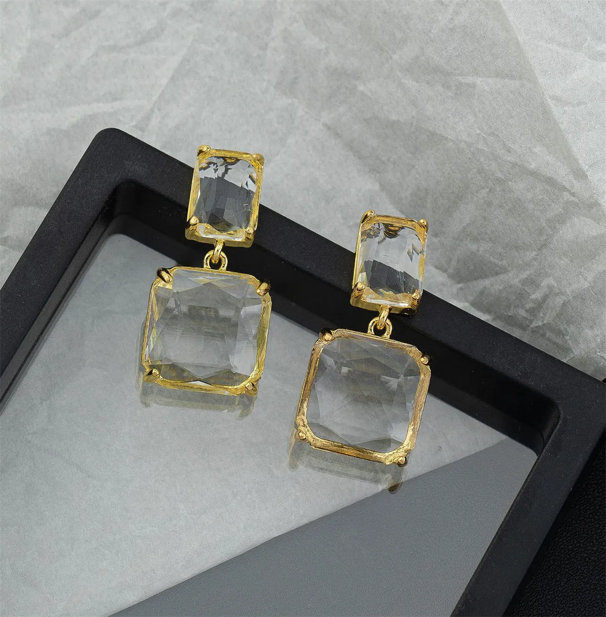 Crystal & 18K Gold-Plated Square Drop Earrings