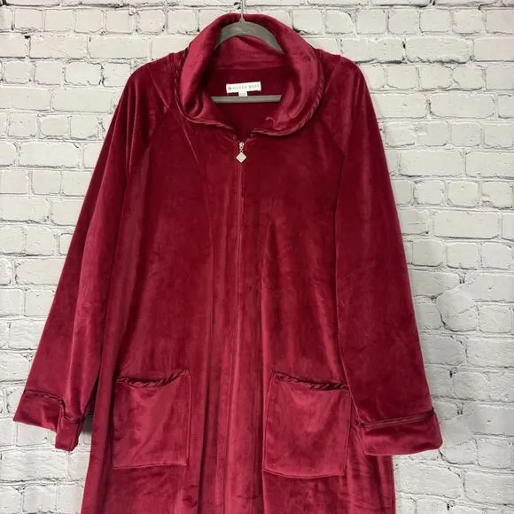 Eileen West Lux Velour Plush Zip Ballet Robe Kaftan Womens L/XL Wine Red Cozy