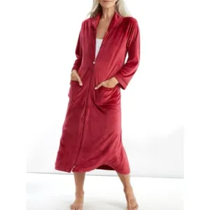 Eileen West Lux Velour Plush Zip Ballet Robe Kaftan Womens L/XL Wine Red Cozy