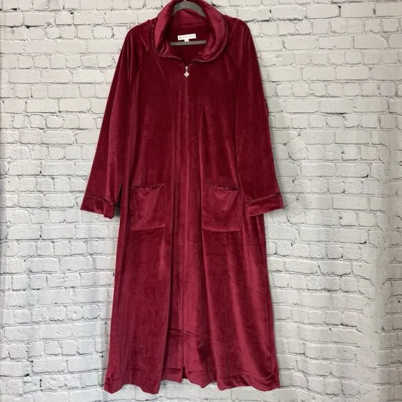 Eileen West Lux Velour Plush Zip Ballet Robe Kaftan Womens L/XL Wine Red Cozy