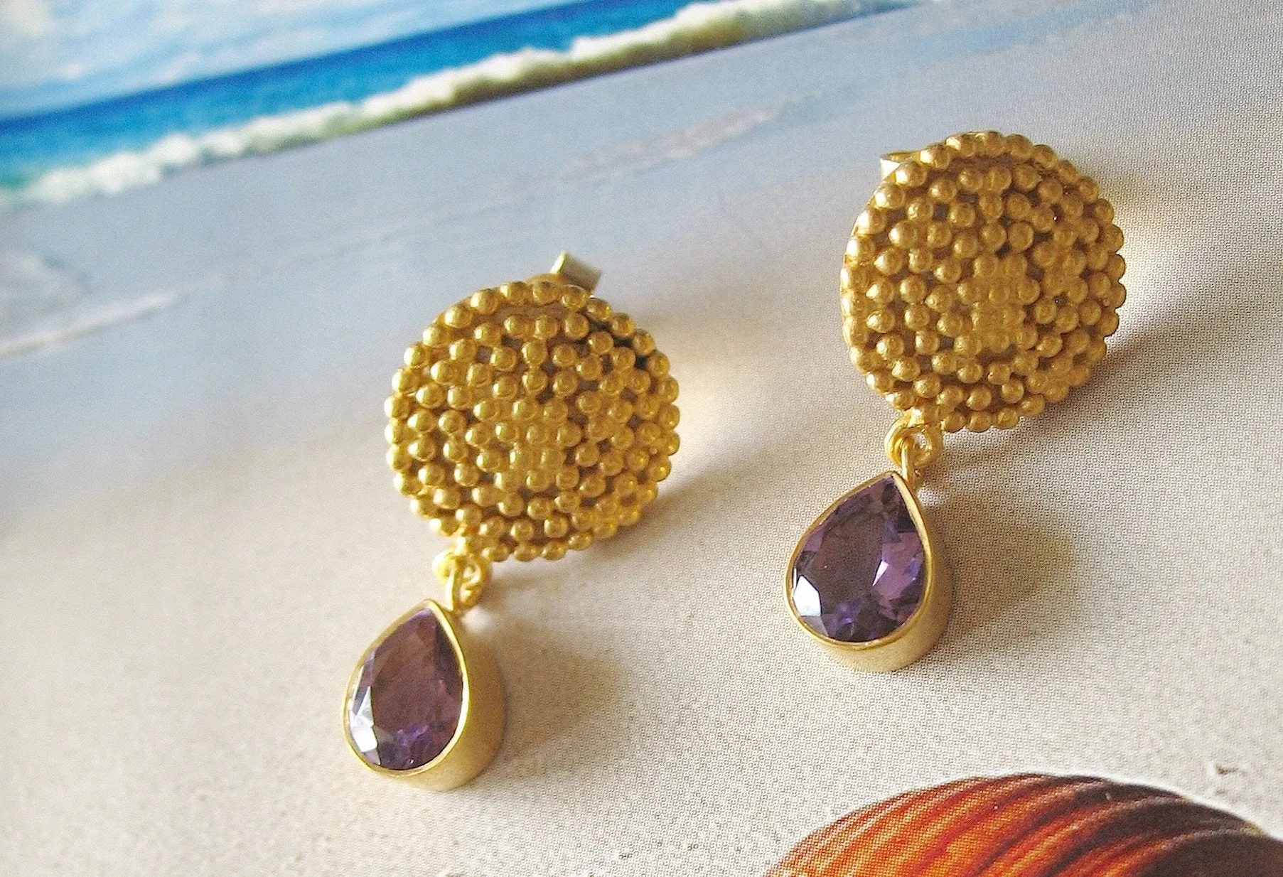 Elegant and uber chic, Grecian, granulation work earrings with amethyst drop
