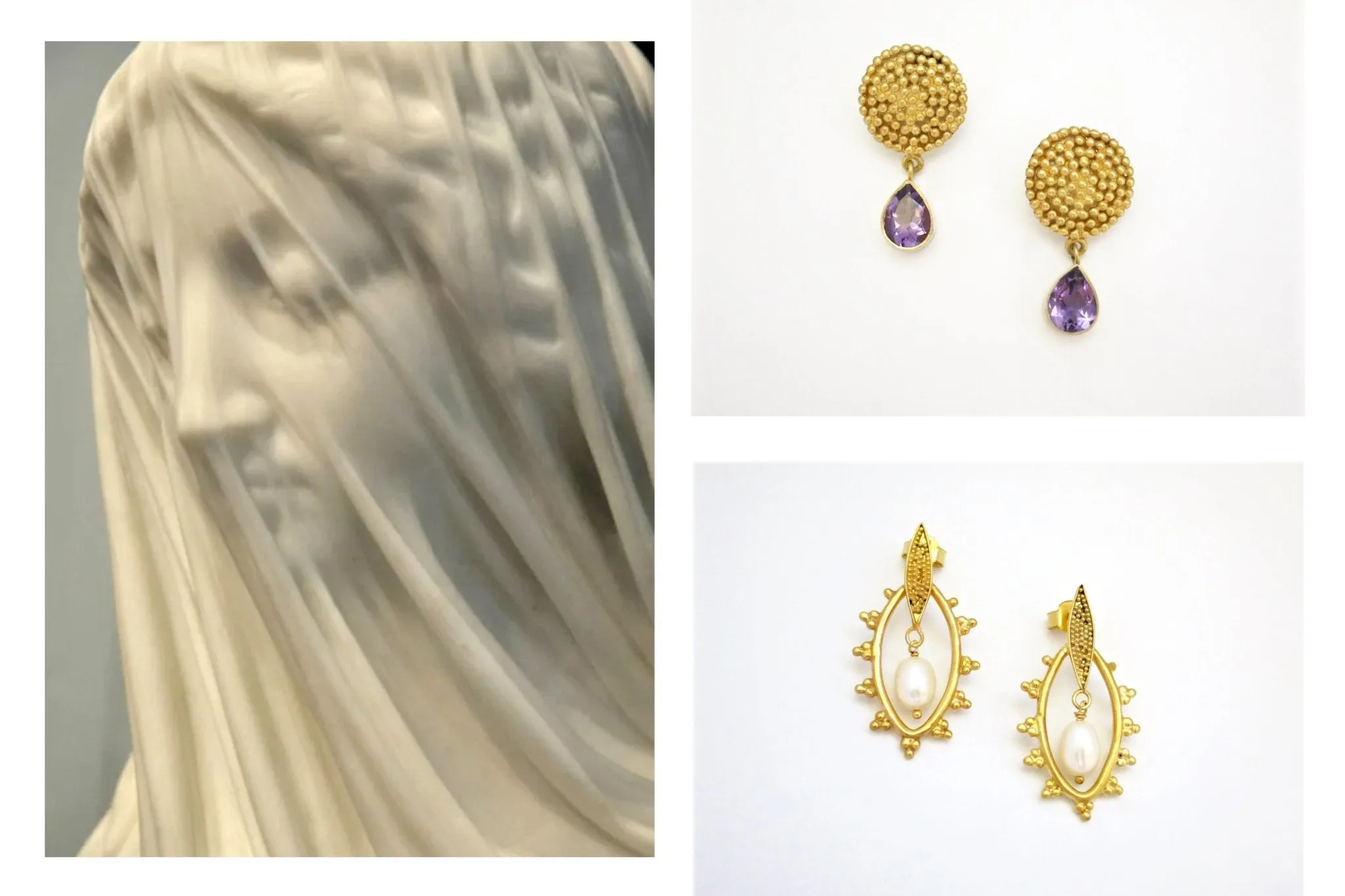 Elegant and uber chic, Grecian, granulation work earrings with amethyst drop