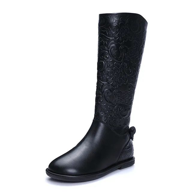 Elegant Embossed Flowers Shoes Woman Latest Old-Fashioned Design High Boots Side Zipper Low Heel Lady Genuine Leather Boots