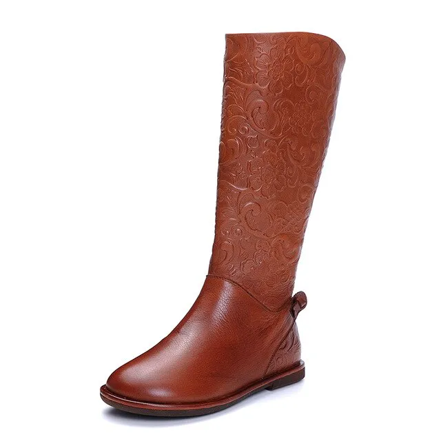 Elegant Embossed Flowers Shoes Woman Latest Old-Fashioned Design High Boots Side Zipper Low Heel Lady Genuine Leather Boots