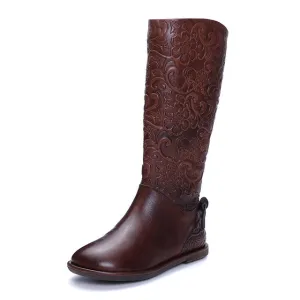 Elegant Embossed Flowers Shoes Woman Latest Old-Fashioned Design High Boots Side Zipper Low Heel Lady Genuine Leather Boots
