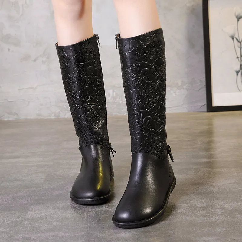 Elegant Embossed Flowers Shoes Woman Latest Old-Fashioned Design High Boots Side Zipper Low Heel Lady Genuine Leather Boots