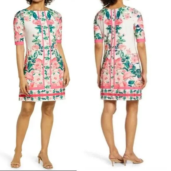 Eliza J NWT Border Rose Print Sheath Dress Ballet Neck Elbow-Sleeve Women's Sz 6