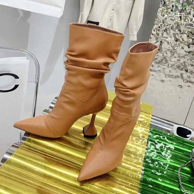 Fashion Ladies Strange High Heels Ankle Boots Pleated Pointed Toe