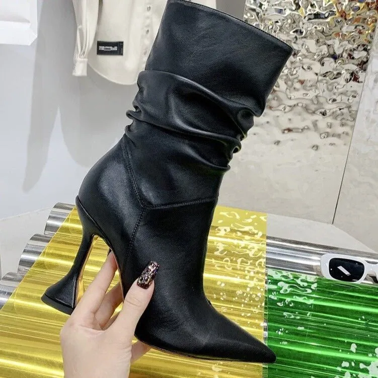 Fashion Ladies Strange High Heels Ankle Boots Pleated Pointed Toe