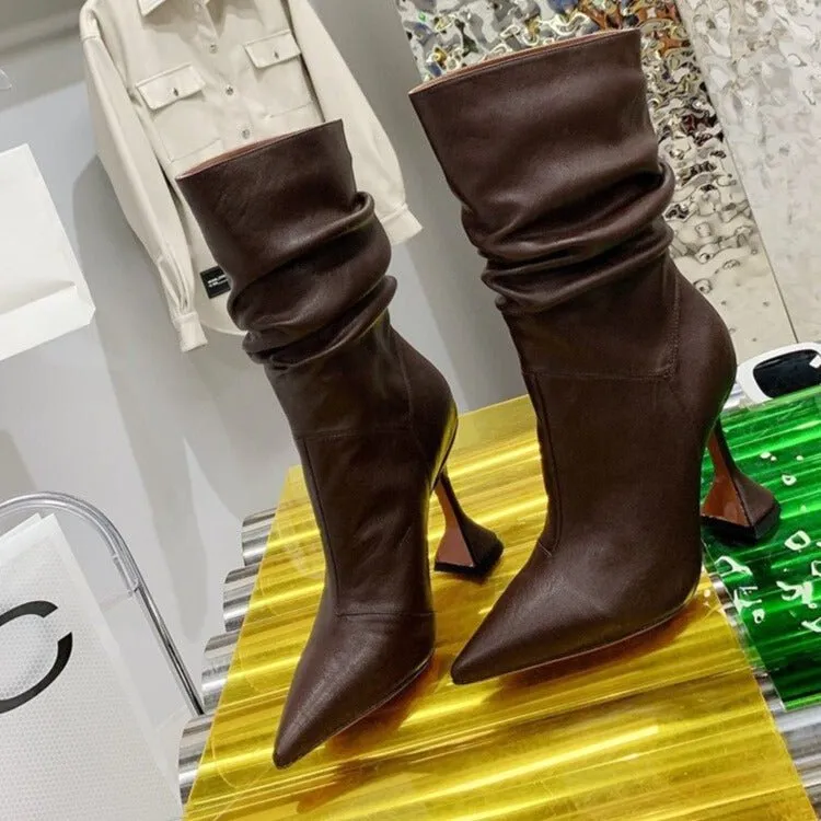 Fashion Ladies Strange High Heels Ankle Boots Pleated Pointed Toe