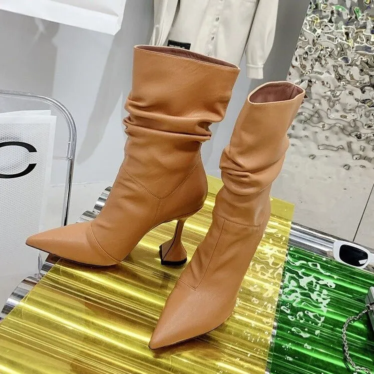Fashion Ladies Strange High Heels Ankle Boots Pleated Pointed Toe