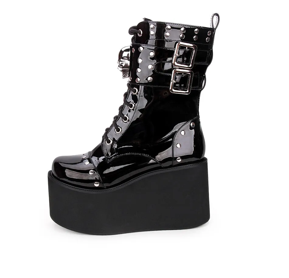 Fashion Rivet Skull Gothic Punk Rock Lace-up Boots Block Heel Thick Platform Punk Lolita Cosplay Boots
