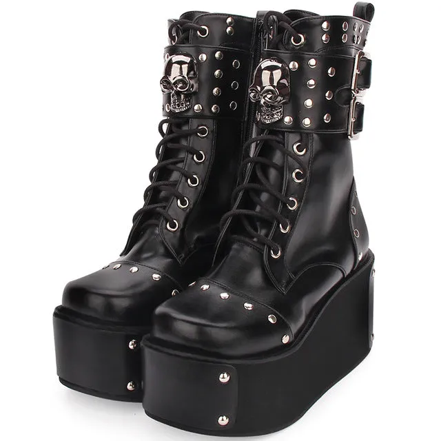 Fashion Rivet Skull Gothic Punk Rock Lace-up Boots Block Heel Thick Platform Punk Lolita Cosplay Boots