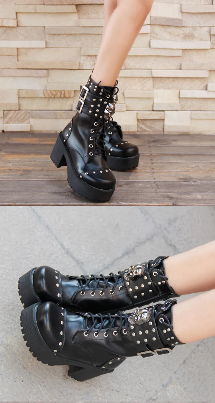 Fashion Rivet Skull Gothic Punk Rock Lace-up Boots Block Heel Thick Platform Punk Lolita Cosplay Boots