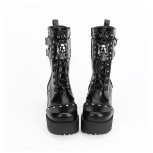 Fashion Rivet Skull Gothic Punk Rock Lace-up Boots Block Heel Thick Platform Punk Lolita Cosplay Boots