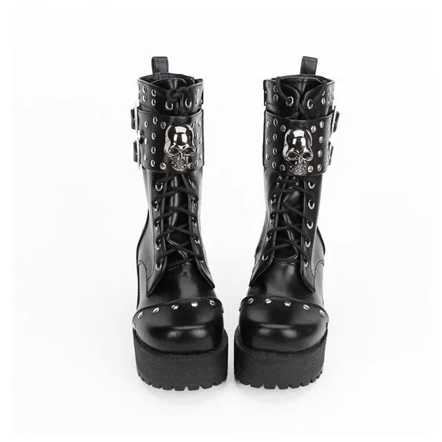 Fashion Rivet Skull Gothic Punk Rock Lace-up Boots Block Heel Thick Platform Punk Lolita Cosplay Boots
