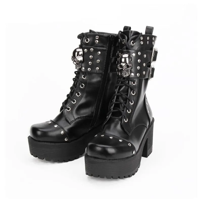 Fashion Rivet Skull Gothic Punk Rock Lace-up Boots Block Heel Thick Platform Punk Lolita Cosplay Boots