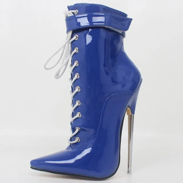 Fetish High Heel Boots Women Sexy 18cm High Heels Metal Heel Lace-Up Pointy Toe Dagger Ankle Boots Devious Sizes 35-46