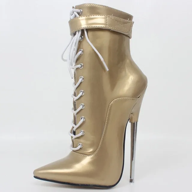 Fetish High Heel Boots Women Sexy 18cm High Heels Metal Heel Lace-Up Pointy Toe Dagger Ankle Boots Devious Sizes 35-46