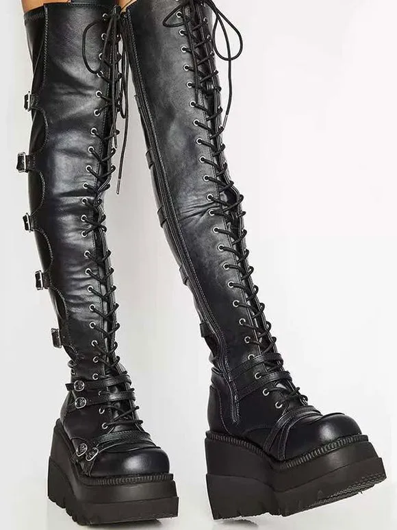 Gothic Lolita Boots PU Leather Metallic Grommets Lace Up Round Toe Black Knee High Lolita Footwear