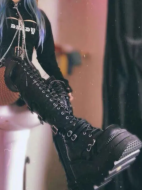 Gothic Lolita Boots PU Leather Metallic Grommets Lace Up Round Toe Black Knee High Lolita Footwear