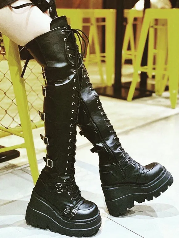 Gothic Lolita Boots PU Leather Metallic Grommets Lace Up Round Toe Black Knee High Lolita Footwear