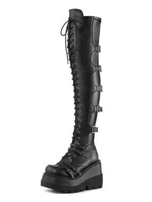 Gothic Lolita Boots PU Leather Metallic Grommets Lace Up Round Toe Black Knee High Lolita Footwear